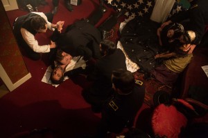 The scene following the shooting of Abraham Lincoln by John Wilkes Booth at Ford's Theater in the television film "Killing Lincoln" based on the best-selling book by Bill O'Reilly.   ©National Geographic Channels.