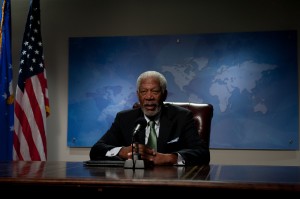Morgan Freeman addresses the nation in "Olympus Has Fallen." ©Film District. CR: Phil Caruso.