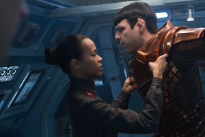 (Left to right) Zoe Saldana is Uhura and Zachary Quinto is Spock in "STAR TREK INTO DARKNESS." ©Paramount Pictures. CR: Zade Rosenthal.