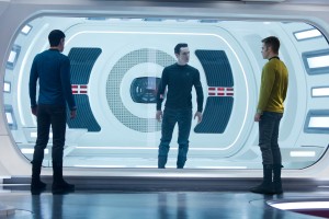 (Left to right) Zachary Quinto is Spock, Benedict Cumberbatch is John Harrison, and Chris Pine is Kirk in "STAR TREK INTO DARKNESS." ©Paramount Pictures. CR: Zade Rosenthal.
