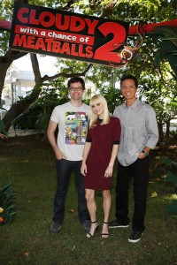 CULVER CITY, CA - August 5, 2013: Voiceover talent Bill Hader, Anna Faris and Benjamin Bratt at the press day event for Sony Pictures Animation's "CLOUDY WITH A CHANCE OF MEATBALLS 2." ©CTMG. CR: Ryan Miller.