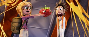 Sam (Anna Faris) holds Barry for Flint (Bill Hader) in Sony Pictures Animation's CLOUDY WITH A CHANCE OF MEATBALLS 2.