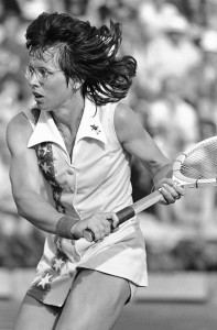 Billie Jean King, Tennis, former Wimbledon winner downed Kerry Reid 6-3, 7-5 after a sudden death tiebreaker in the 2nd set during the Semi-finals singles match in the Family Circle Magazine Cup tournament at Hilton Head Island's Sea Pines resort on April 2, 1977. King is attempting a comeback after knee surgery. ©AP. CR: Kathy Willens.