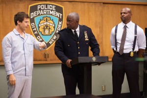 BROOKLYN NINE-NINE: Capt. Ray Holt (Andre Braugher, C) and Sgt. Terry Jeffords (Terry Crews, R) are annoyed by Jake's (Andy Samberg, L) antics in "BROOKLYN NINE-NINE." ©Fox Broadcasting Co. Cr: Eddy Chen/FOX