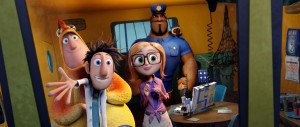 (l-r) Brent (Andy Samberg), Flint (Bill Hader), Sam (Anna Faris) and Earl (Terry Crews) in Sony Pictures Animation's "CLOUDY WITH A CHANCE OF MEATBALLS 2." ©Sony Pictures Animation.
