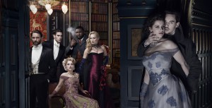 (l-r) Thomas Kretschmann as Abraham Van Helsing, Oliver Jackson-Cohen as Jonathan Harker, Katie McGrath as Lucy Westenra, Nonso Anozie as R.M. Renfield, Victoria Smurfit as Lady Jayne Wetherby,  Jessica De Gouw as Mina Murray/Ilona, Jonathan Rhys Meyers as Dracula, Alexander Grayson, Vlad Tepes in "DRACULA." ©NBCUniversal. CR: Nino Munoz