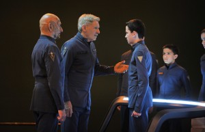 (L-R) BEN KINGSLEY, HARRISON FORD, ASA BUTTERFIELD and ARAMIS KNIGHT star in "ENDER'S GAME." ©Summit Entertainment. CR: Richard Foreman.