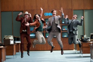 (Left to right) David Koechner is Champ Kind, Paul Rudd is Brian Fantana, Will Ferrell is Ron Burgundy and Steve Carell is Brick Tamland in ANCHORMAN 2: THE LEGEND CONTINUES. ©Paramount Pictures. CR: Gemma LaMana.