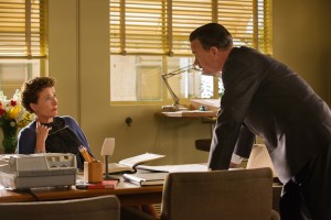 Walt Disney (Tom Hanks) confronts P.L. Travers (Emma Thompson), the prickly author of "Mary Poppins,"  as he tries to secure the rights to her book and fulfill a promise he made to his daughters in Disney's "Saving Mr. Banks". ©Disney Enterprises. CR: Francois Duhamel.