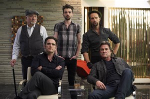 (starting from back left) Kenneth Welsh, Jay Baruchel, Chris Diamantopoulos, Matt Dillon, and Kurt Russell in THE ART OF THE STEAL. ©Radius/TWC
