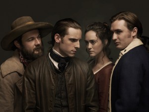 (l-r) Daniel Henshall as Caleb Brewster , Jamie Bell as Abe Woodhull ,  Heather Lind as Anna Strong and Seth Numrich as Ben Tallmadge in TURN. ©AMC Film Holdings. CR: Frank Ockenfels 3/AMC