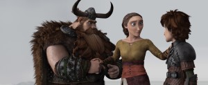 Hiccup (Jay Baruchel,right) learns a shocking truth from his father Stoick (Gerard Butler) and mother Valka (Cate Blanchett) in "How To Train Your Dragon 2.&quot ©Dreamworks Animation.