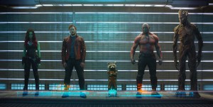 L to R: Gamora (Zoe Saldana), Peter Quill/Star-Lord (Chris Pratt), Rocket Raccoon (voiced by Bradley Cooper), Drax The Destroyer (Dave Bautista) and Groot (voiced by Vin Diesel) in "Marvel's Guardians Of The Galaxy." ©Marvel.