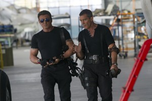 (l-r) Sylvester Stallone and Antonio Banderas on the set of THE EXPENDABLES 3. ©Lionsgate. CR: Phil Bray.