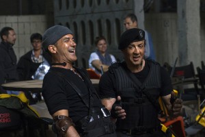 (l-r) Atonio Bamderas amd Sylvester Stallone enjoy a laugh on the set of THE EXPENDABLES 3. ©Lionsgate. CR: Phil Bray.