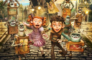 (center, L to R) Winnie (voiced by Elle Fanning) and Eggs (voiced by Isaac Hempstead Wright) in LAIKA and Focus Features' family event movie THE BOXTROLLS. ©Laik Inc/Focus Features.