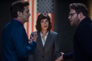 Lacey (Lizzy Caplan) with Dave (James Franco) and Aaron (Seth Rogen) in Columbia Pictures' THE INTERVIEW. ©CTMG. CR: Ed Araquel.