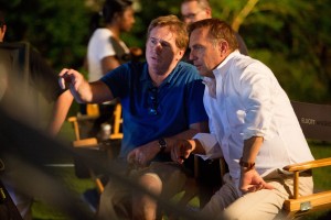Director Mike Binder discusses a scene with star Kevin Costner on the set of Relativity Media's BLACK OR WHITE. © 2014 BLACKWHITE, LLC. CR: Tracey Bennett