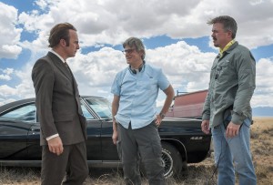 (l-r) Bob Odenkirk as Saul Goodman on the set of BETTER CALL SAUL with executive producers Peter Gould and Vince Gilligan ©Jacob Lewis/AMC