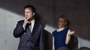 Bob Odenkirk as Saul Goodman and Rhea Seehorn as Kim in BETTER CALL SAUL. Better Call Saul. ©Ursula Coyote/AMC