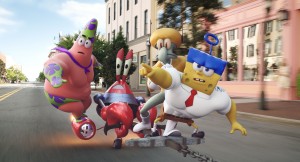 (l-r) Patrick Star (as Mr. Superawesomeness), Mr. Krabs (as Sir Pinch-A-Lot), Squidward Tentacles (as Sour Note), and SpongeBob SquarePants (as The Invincibubble) in THE SPONGEBOB MOVIE: SPONGE OUT OF WATER. ©Paramont Pictures / Viacom International. CR: Paramount Pictures Animation.
