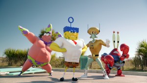 Left to right: Patrick Star (as Mr. Superawesomeness), SpongeBob SquarePants (as The Invincibubble), Squidward Tentacles (as Sour Note), and Mr. Krabs (as Sir Pinch-A-Lot), in THE SPONGEBOB MOVIE: SPONGE OUT OF WATER. ©Paramount Pictures / Viacom.