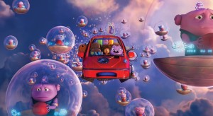 (l-r) The odd couple of friends Tip (Rihanna) and Oh (Jim Parsons) navigate their way through a crowded sky of bubble-driving Boov. ©DreamWorks Animation.