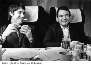 English Rock Band The Who. Going up to Manchester on the train.  Left is Chris Stamp (brother of Terence Stamp) who was the business manager.  and Kit Lambert Manager (producer on the album Tommy). 1966  Mandatory credit.  ©Colin Jones / TopFoto / The Image Works