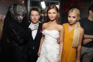 (l-r) The woman in black, Leigh Whannell, Stefanie Scott and Hayley Kiyoko at the premiere of INSIDIOUS: CHAPTER 3 held at the TCL Chinese Theatre in Hollywood, CA on Thursday, June 4, 2015. ©Focus Features. CR: Eric Charbonneau.