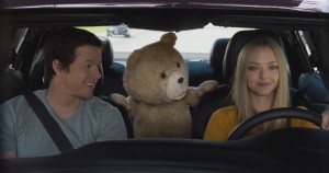 (l-r) John (MARK WAHLBERG), Ted (SETH MACFARLANE) and Samantha (AMANDA SEYFRIED) hit the road in TED 2. ©Tippett Studio/Universal Pictures and Media Rights Capital.