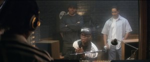 (L to R) Eazy-E (JASON MITCHELL) raps while Ice Cube (O'SHEA JACKSON, JR.), Dr. Dre (COREY HAWKINS) and DJ Yella (NEIL BROWN, JR.) listen in STRAIGHT OUTTA COMPTON. ©Universal Studios.