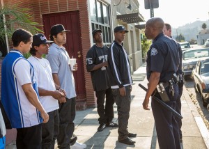 (L to R) DJ Yella (NEIL BROWN, JR.), Eazy-E (JASON MITCHELL), Ice Cube (O'SHEA JACKSON, JR.), MC Ren (ALDIS HODGE) and Dr. Dre (COREY HAWKINS) are harassed by the police in STRAIGHT OUTTA COMPTON. ©Universal Studios. CR: Jaimie Trueblood.