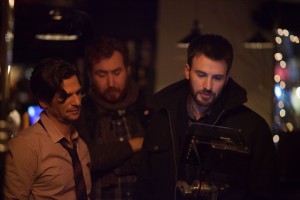 (l-r) Mark Kassen and Chris Evans on the set of BEFORE WE GO. ©Radius.