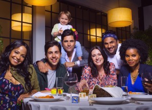 L-R: Christina Milian as Vanessa, Josh Peck as Gerald, John Stamos as Jimmy, Paget Brewster as Sara, Ravi Patel as Ken and Kelly Jenrette as Annelise in GRANDFATHERED. ©Fox. CR: Robert Trachtenberg/FOX.