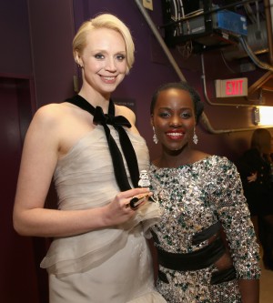 (l0r) Actresses Gwendoline Christie (L) and Lupita Nyong'o attend the World Premiere of STAR WARS: THE FORCE AWAKENS at the Dolby, El Capitan, and TCL Theatres on December 14, 2015 in Hollywood, California.  CR: Jesse Grant/Getty Images for Disney.