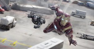 (l-r) War Machine/James Rhodes (Don Cheadle) and Iron Man/Tony Stark (Robert Downey Jr.) MARVEL'S CAPTAIN AMERICA: CIVIL WAR. ©Marvel.