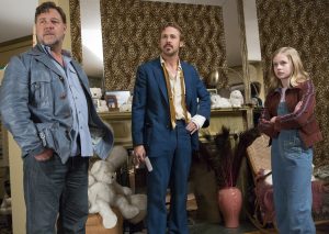 (l-r) Russell Crowe as Jackson Healy, Angourie Rice as Holly and Ryan Gosling as Holland March in THE NICE GUYS. ©Warner Bros. Entertainment. CR: Daniel McFadden.