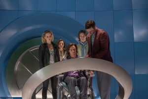 (from left) Jennifer Lawrence as Raven / Mystique, Rose Byrne as Moira MacTaggert, James McAvoy as Charles / Professor X, Lucas Till as Alex Summers / Havok and Nicholas Hoult as Hank McCoy / Beast, in X-MEN: APOCALYPSE. ©Marvel/20th Century Fox. CR: Alan Markfield.