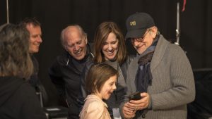 Director Steven Spielberg with Ruby Barnhill and producers Frank Marshall and Kathleen Kennedy on the set of Disney's fantasy-adventure, THE BFG, . ©Storyteller Distribution Co, LLC. CR: Doane Gregory.