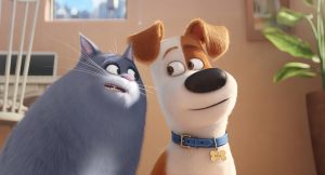 Chloe (LAKE BELL) is a fat cat who can't be bothered, unless you have food, and Max (LOUIS C.K.) is a pampered terrier mix in Illumination Entertainment and Universal Pictures' THE SECRET LIFE OF PETS. ©Illumination Entertainment/Universal Pictures.