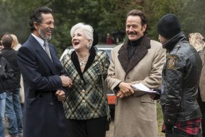 (l to r) Actors Benjamin Bratt, Olympia Dukakis, Bryan Cranston and Director Brad Furman enjoy a moment of levity behind the scenes on the set of THE INFILTRATOR. ©Broad Green Pictures. CR: Liam Daniel / Broad Green Pictures