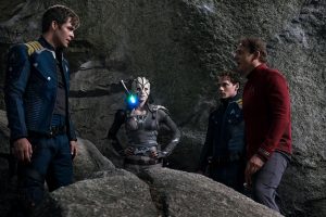 (l-r) Chris Pine plays Captain James T. Kirk, Sofia Boutella plays Jaylah, Anton Yelchin plays Chekov and Simon Pegg plays Montgomery ‘Scotty’ Scott in STAR TREK BEYOND. ©Paramount Pictures. CR: Kimberley French.
