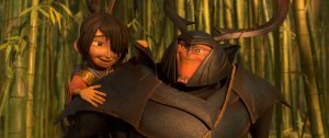 (l-r.) Kubo (voiced by Art Parkinson) gets a lift from his new friend and ally Beetle (Academy Award winner Matthew McConaughey) in animation studio LAIKA’s epic action-adventure KUBO AND THE TWO STRINGS. ©Laika Studios/Focus Features