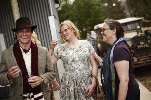 (l to r) James Mackay, Sarah Snook, and Director Jocelyn Moorhouse on the set of THE DRESSMAKER. ©Broad Green Pictures / Amazon Studios. CR: Ben King.