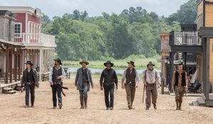 (l to r) Byung-hun Lee, Manuel Garcia-Rulfo, Ethan Hawke, Denzel Washington, Chris Pratt, Vincent D'Onofrio and Martin Sensmeier in Metro-Goldwyn-Mayer Pictures and Columbia Pictures' THE MAGNIFICENT SEVEN. ©MGM / Columiba Pictures. CR: Sam Emerson.