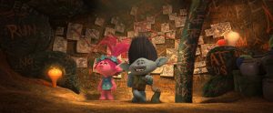 The overly cautious Troll Branch (right, voiced by Justin Timberlake) shows off his Fear Bunker to optimistic Troll Poppy (left, voiced by Anna Kendrick) in DreamWorks Animation's TROLLS. ©DreamWorks Animation.