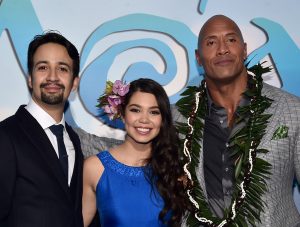 (L-R) Songwriter Lin-Manuel Miranda, actors Auli'i Cravalho and Dwayne Johnson attend The World Premiere of Disneyís "MOANA" at the El Capitan Theatre on Monday, November 14, 2016 in Hollywood, CA.  ©Alberto E. Rodriguez/Getty Images for Disney.