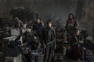 (l-r) Actors Riz Ahmed, Diego Luna, Felicity Jones, Jiang Wen and Donnie Yen in ROGUE ONE: A STAR WARS STORY. © 2016 Lucasfilm Ltd. CR: Jonathan Olley & Leah Evans.