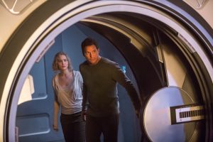 (l-r) Jennifer Lawrence and Chris Pratt star in Columbia Pictures' PASSENGERS. ©Columbia Pictures. CR: Jaimie Trueblood.