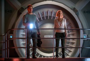 Red alert on the Avalon for Jim (CHRIS PRATT) and Aurora (JENNIFER LAWRENCE) in Columbia Pictures' PASSENGERS. ©Columbia Pictures. CR: Jaimie Trueblood.